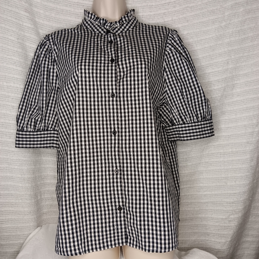 Who What Wear Black & White Check Button Front Top Puffy Sleeves Ruffled Neck XL